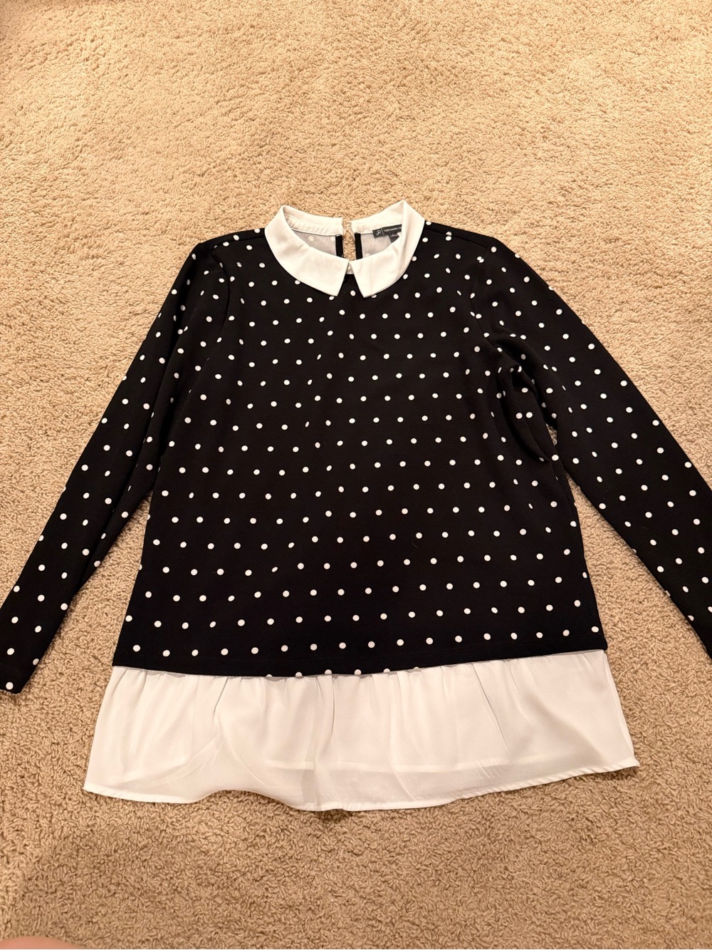 Black & White Polka Dot Layered Long-Sleeve Top with Peter Pan Collar
